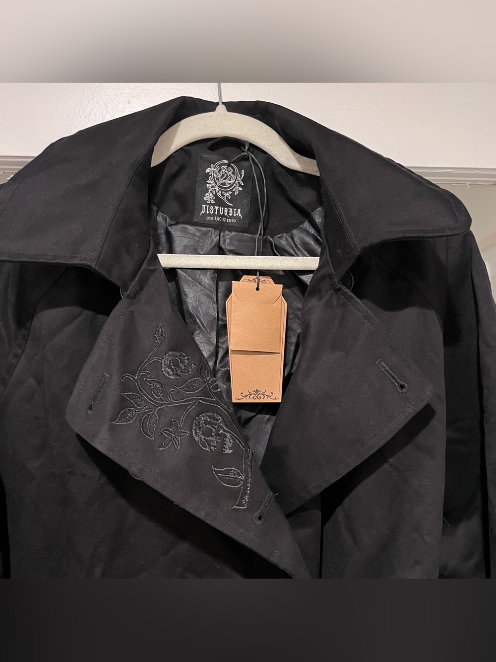 NWT Disturbia Poe Embroidered Black Belted Trench Coat Sz 8 Goth Grunge - Picture 12 of 15
